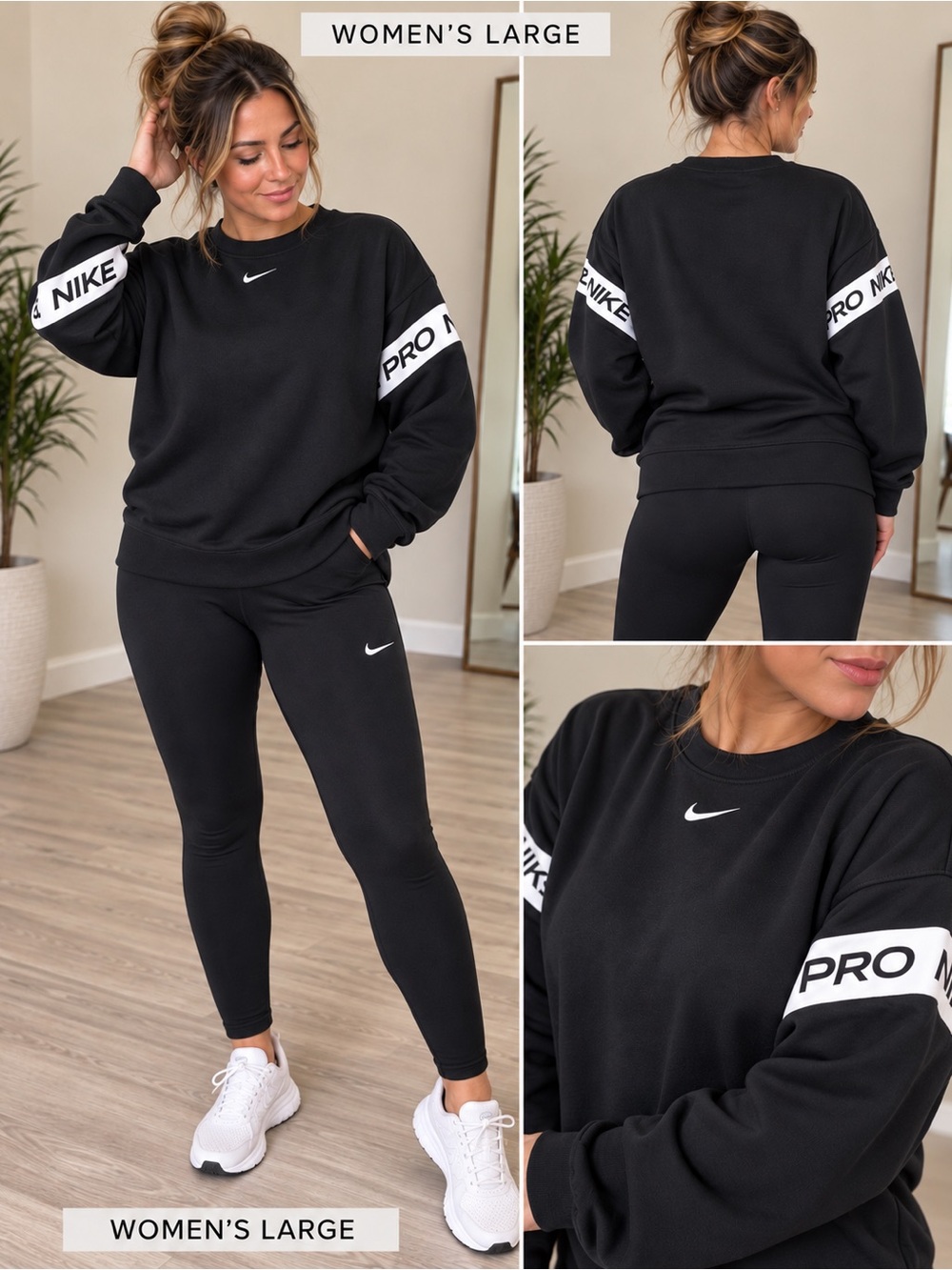 Nike pro Women's Black crewneck with black  Athletic Leggings outfit